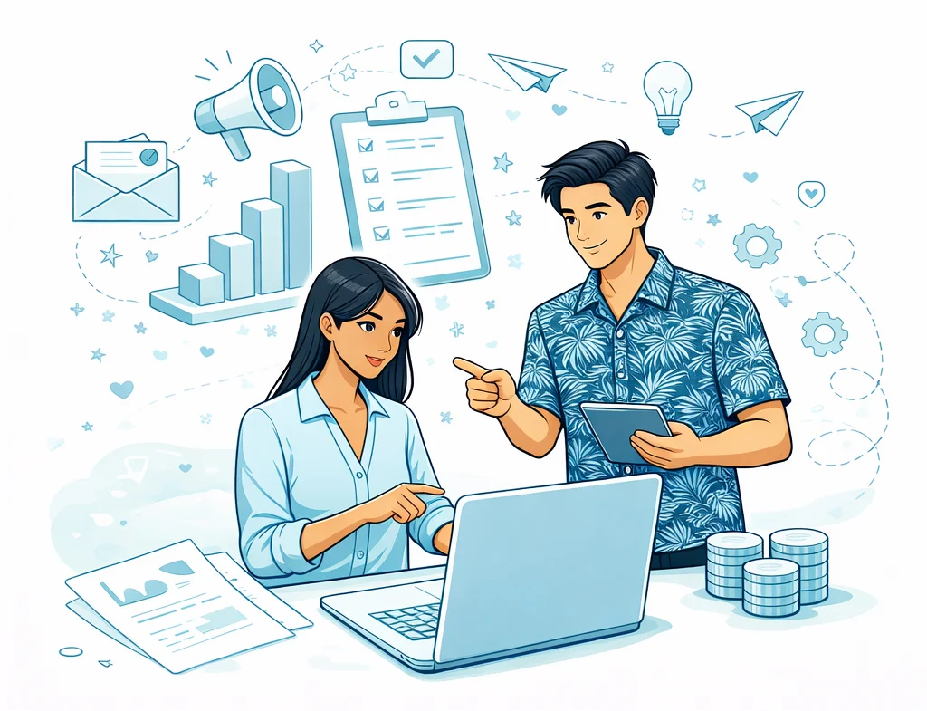 Working Together Two people working together on a marketing strategy.