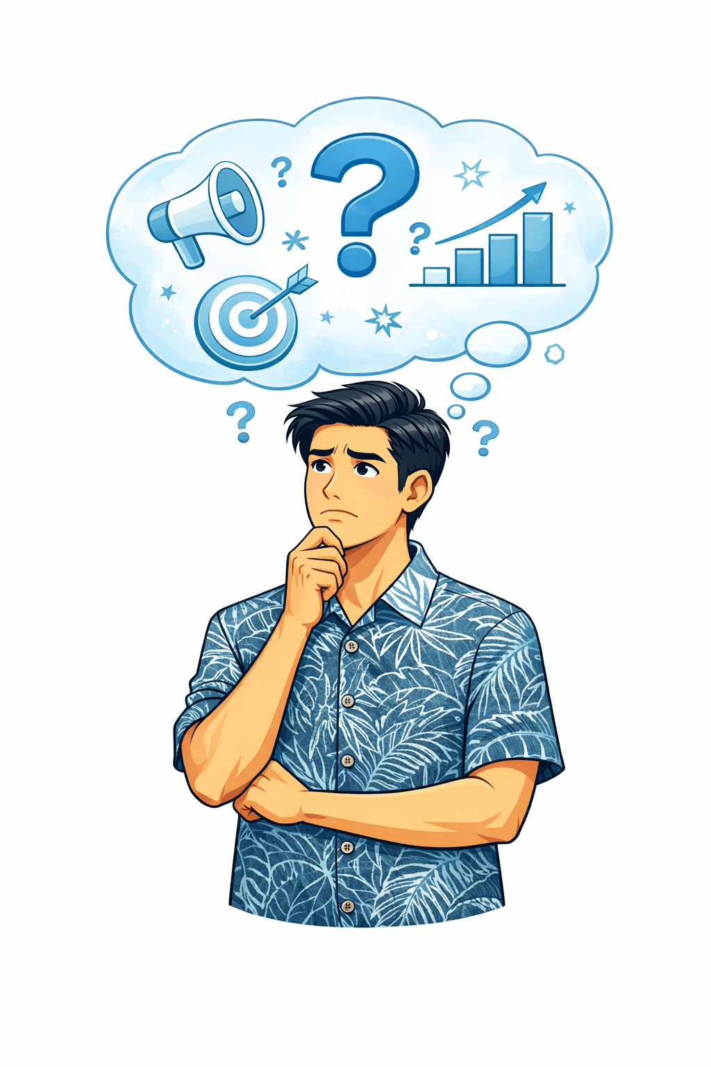 Worried Guy Man looking concerned and thinking about marketing strategy.