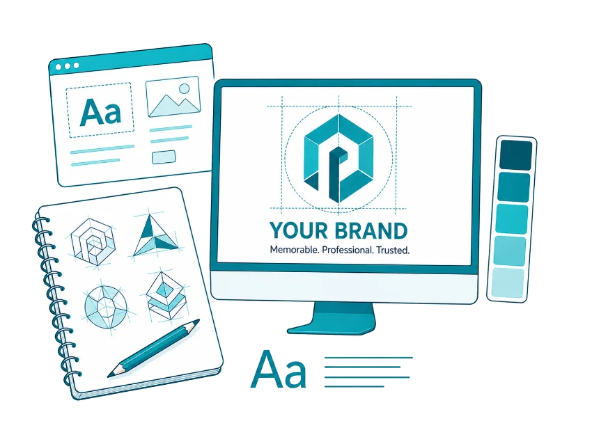 Brand Design Illustration of web designer doing web design and development work.