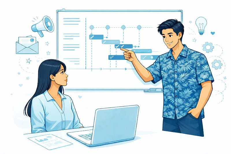 Illustration of a marketing consultant proposing a project timeline to a client.