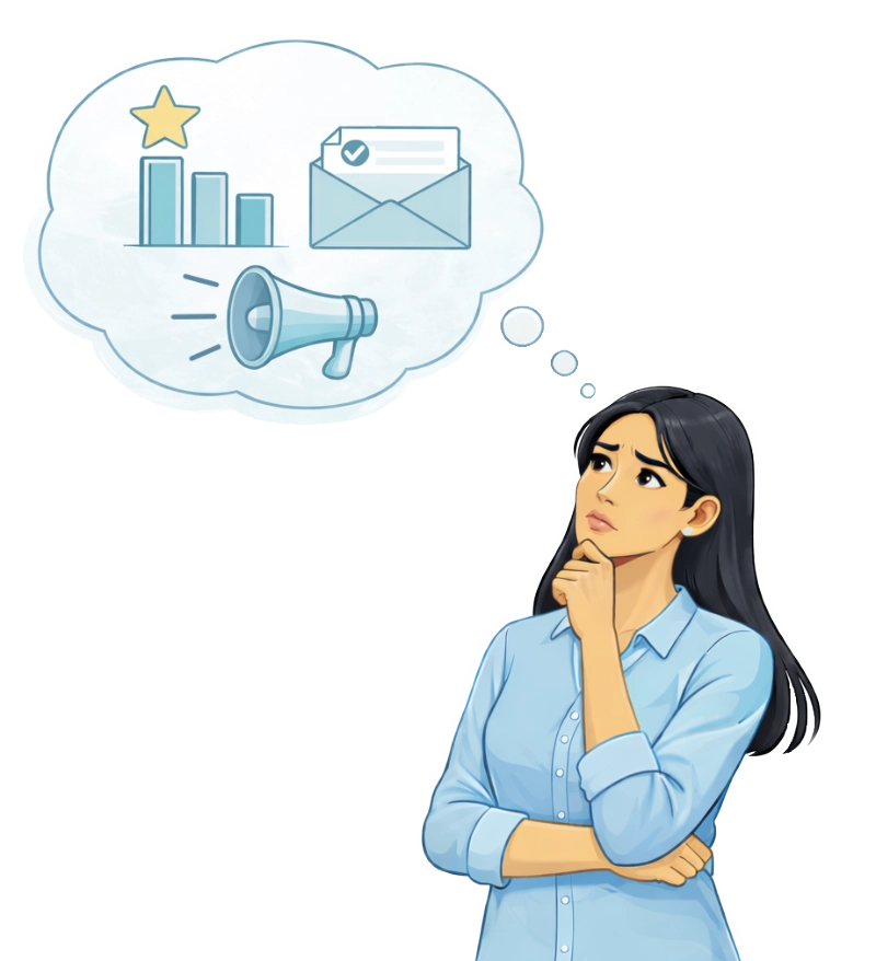 Illustration of nonprofit executive thinking about marketing solutions.