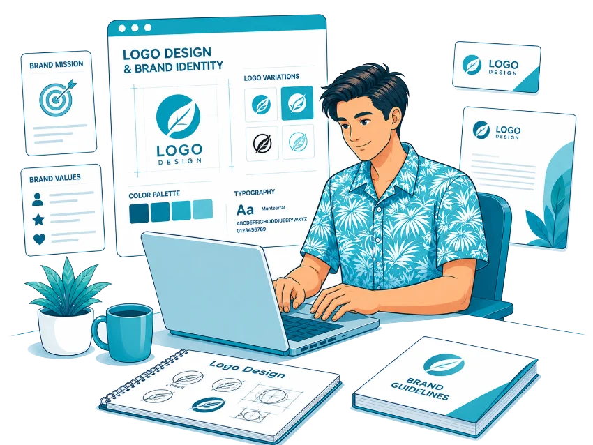 Brand Designer Illustration showing a website design example.