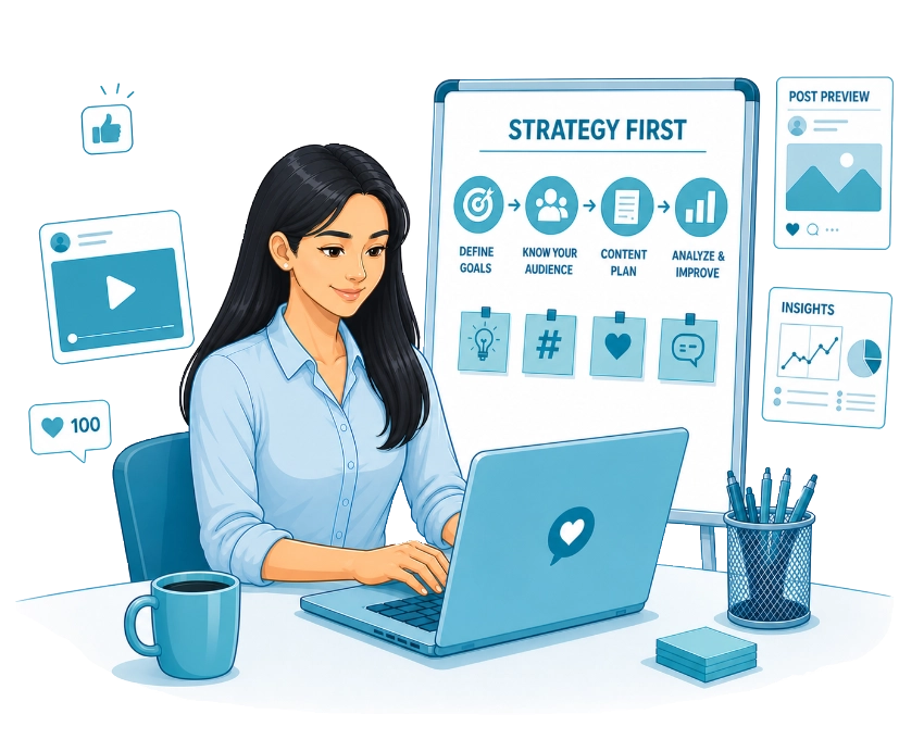 Social Strategy Illustration of a social media manager developing a social media strategy.