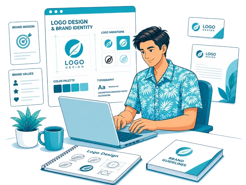 Hawaii Logo designer at work Hawaii logo design and branding professional at work on his laptop.