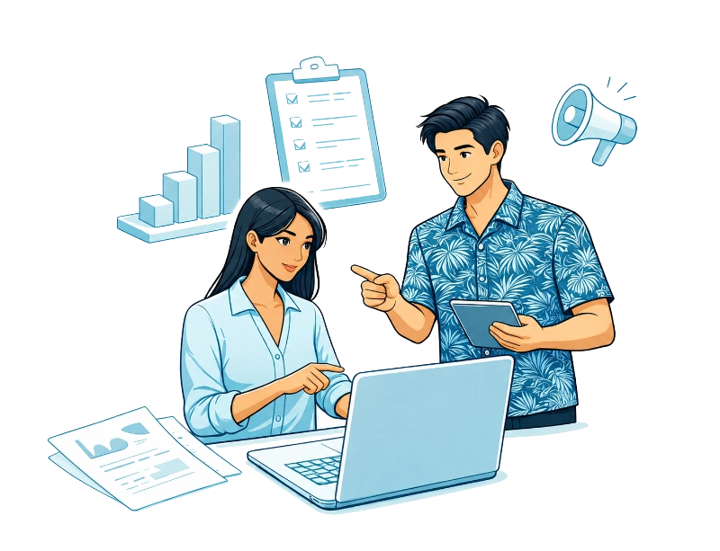 Marketin Consulting (Homepage) 2 Two people working together on a marketing strategy.