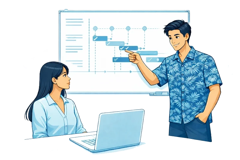 Marketing Consultant Whiteboard Illustration of a marketing consultant proposing a project timeline to a client.