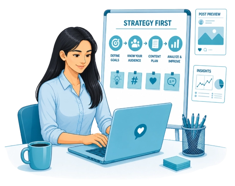 Social Media Specialist at work Illustration of a social media manager developing a social media strategy.